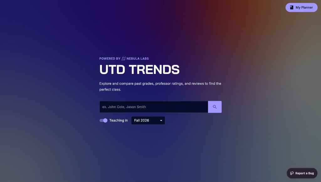 UTD Trends landing page with search bar and gradient background