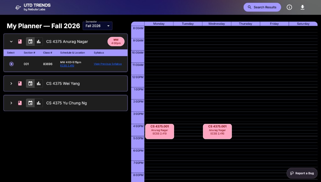 UTD Trends My Planner with course list and weekly calendar view