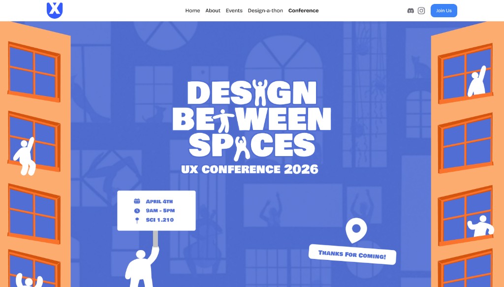 Design Between Spaces UX Conference 2026 page with date, time, and location card