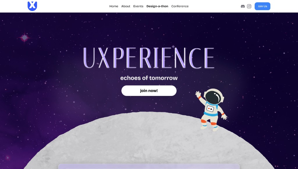 UXPERIENCE design-a-thon landing page with space theme and astronaut illustration