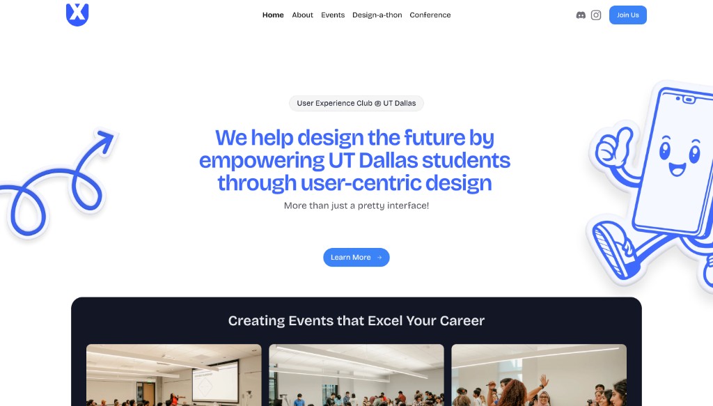 UX Club home page with mission statement, Learn More button, and event photos